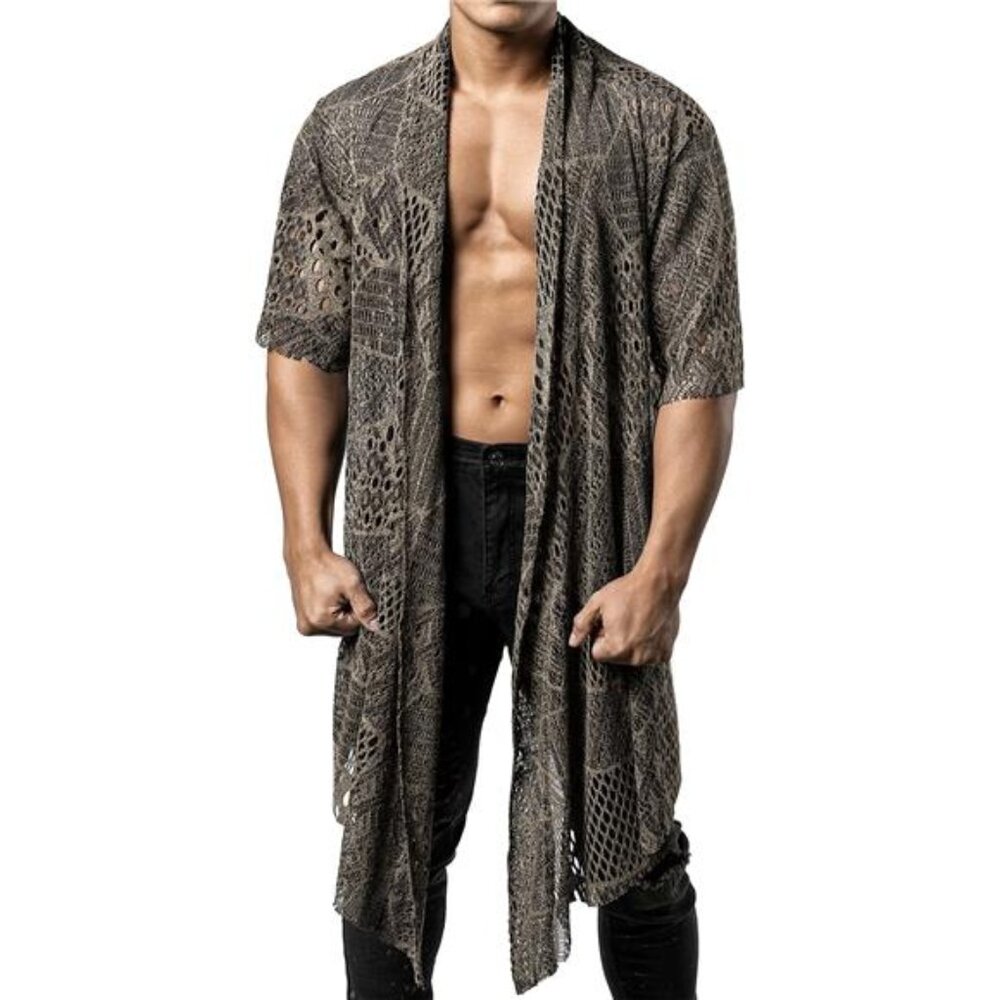 Mens Mesh Cardigan See Through Open Front Ruffle Shawl Collar Lightweight Top